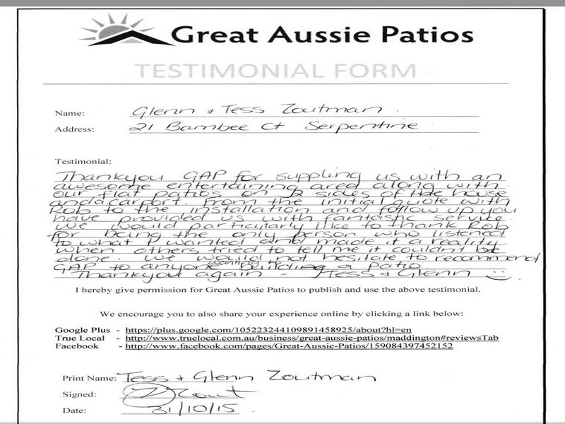 testimonial for great aussie patios