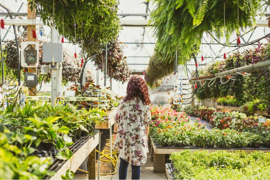 Woman looking around lush shade house structures with garden cover due to shade cloth.