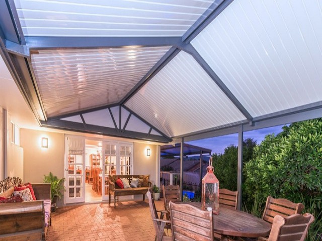 A COLORBOND patio roof above a household outdoor entertaining area.